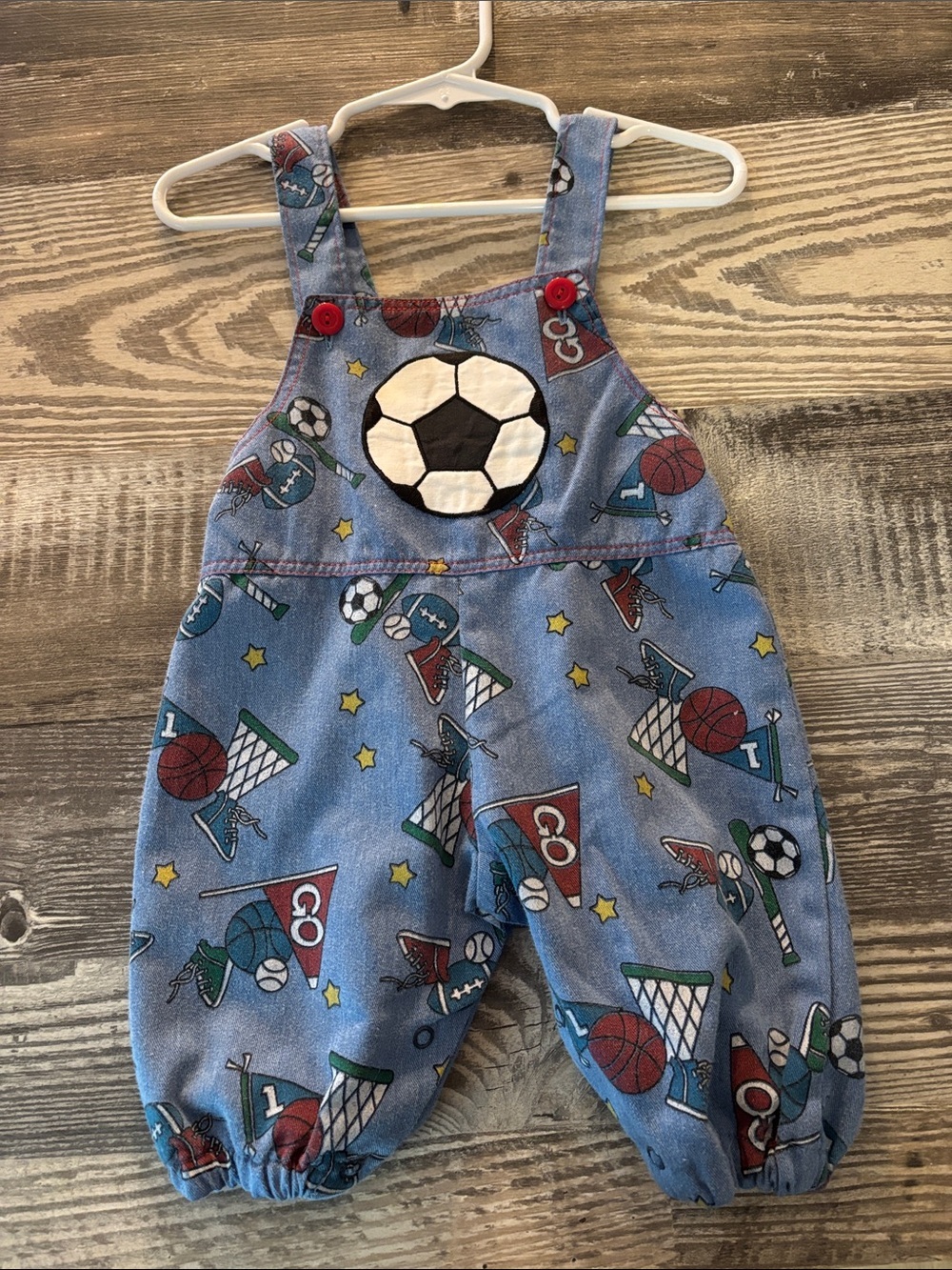Vintage Blue Sports Print Baby Overalls with Soccer Applique